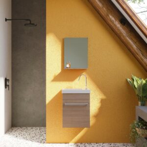 Set mobilier baie, lavoar 42 cm și oglindă cu poliță, rovere fumo, Perla