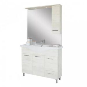 Baza cu 3 usi, 1 sertar, lavoar ceramic cm. 105 si oglinda cu dulapior, rovere bianco