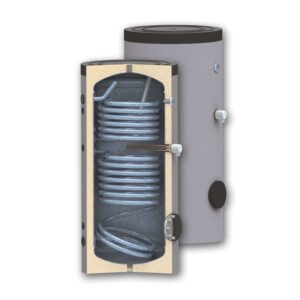 Boiler 150 litri cu 2 serpentine SUNSYSTEM SON 150, pentru centrala termica si solar, montaj pe sol, izolatie  termica, manta de protectie , flansa de vizitare, emailat cu titan