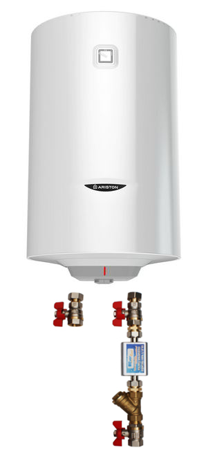 Pachet Boiler termoelectric Ariston PRO1 R 80 VTD 1.8K, 1800W, serpentina pe partea dreapta, supapa siguranta si kit de montaj inclus