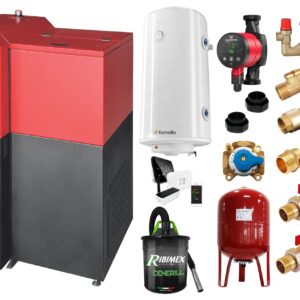 Pachet Centrala mixta Lemn/Pelet Fornello Tera 28 kW, boiler, termostat, aspirator, pompa, vas expansiune, fitinguri, aprindere automanta la peleti, buncar peleti 95 kg, creuzet fonta, curatarea facila, pentru 180 mp