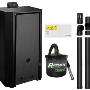 Pachet Centrala pe peleti Fornello EVA B Black 25 KW, pompa circulatie, vas expansiune, Grup siguranta, WI-FI, buncar, tiraj fortat, kit evacuare, termostat Salus 091FLRFV2, aspiratior, Clasa A++, recomandat pentru 160 mp, Negru