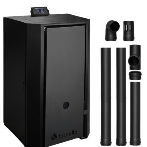 Pachet Centrala pe peleti Fornello EVA B Black 30 KW, pompa circulatie, vas expansiune, Grup siguranta, WI-FI, buncar, tiraj fortat, kit evacuare 2.5 ml, Clasa A++, recomandat pentru 200 mp, Negru
