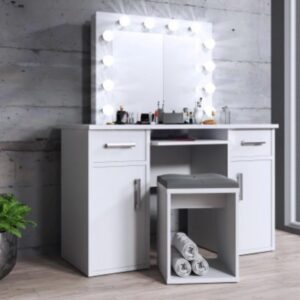 Masuta machiaj cu Oglinda LED si 2 Sertare pentru Cosmetice, Set Masa toaleta 120 cm, Alb, masuta cosmetica, vanity - SEA507