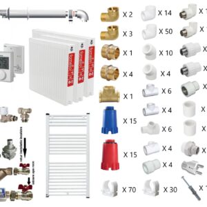 Pachet apartament cu 2 camere, centrala termica in condensatie Ariston HS Premium EU2 24, kit evacuare inclus, termostat, calorifere otel, teava PPR si fitinguri, kit armaturi centrala, robineti calorifer