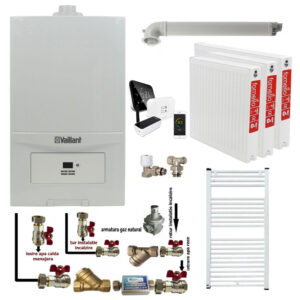 Pachet apartament cu 2 camere, Centrala termica in condensatie Vaillant ecoTEC Pure VUW 236/7-2, 23 kw, murala, afisaj digital, schimbator caldura inox, kit de evacuare, calorifere otel, termostat Salus IT 500 si fitinguri montaj
