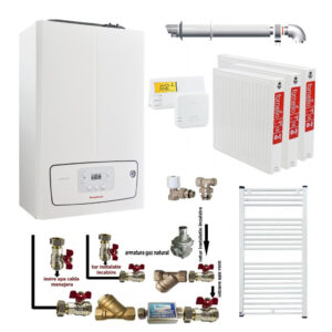 Pachet apartament cu 2 camere, centrala termica murala in condensare Immergas Victrix TERA 24/28 V3, Gaz, 24 kW, kit evacuare inclus, termostat, calorifere otel, kit armaturi centrala, robineti calorifere