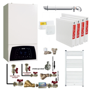 Pachet apartament cu 3 camere, centrala termica Motan Condens Plus 100 25 kW, condensatie, termostat, kit evacuare inclus, calorifere otel, kit armaturi centrala, robineti calorifer