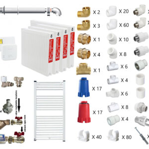 Pachet apartament cu 3 camere,  Immergas Victrix Omnia V2 26, condensatie, 20 kW incalzire, 26 kW preparare apa calda, kit de evacuare inclus, calorifere otel, teava PPR si fitinguri, kit armaturi
