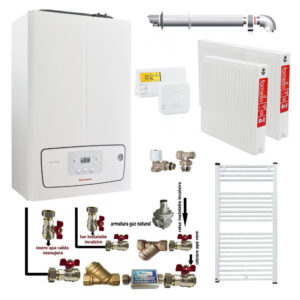 Pachet apartament cu o camera, centrala termica murala in condensare Immergas Victrix TERA 24/28 V3, Gaz, 24 kW, kit evacuare inclus, termostat, calorifere otel, kit armaturi centrala, robineti calorifere