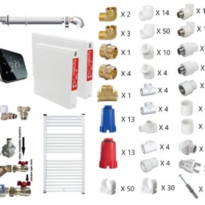 Pachet apartament cu o camera, centrala termica murala in condensare Ariston CLAS ONE+ WI-FI 24, Gaz, 24 kW, termostat Salus IT 500, kit de evacuare inclus, calorifere otel, kit armaturi teava PPR si trusa de sudat PPR CADOU