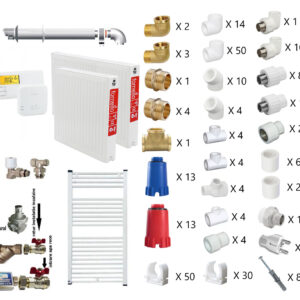 Pachet apartament cu o camera, centrala termica pe gaz in condensare Immergas Victrix Omnia V2 26, condensatie, 20 kW incalzire, 26 kW preparare apa calda, kit de evacuare inclus, calorifere otel, teava PPR si fitinguri, kit armaturi