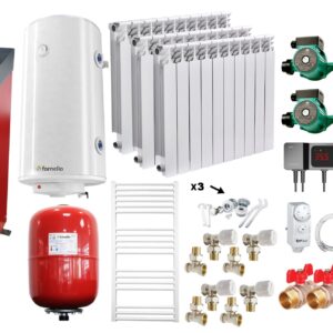 Pachet Cazan (centrala) cu plita pe combustibil solid (lemn, carbune, brichete), Fornello Rustic KP 12 kW, Calorifere aluminiu, Pompe, Boiler, Vas expansiune, Fitinguri montaj