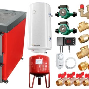 Pachet Cazan (centrala) cu plita pe combustibil solid (lemn, carbune, brichete), Fornello Rustic KP 20 kW, Pompe, Boiler, Vas expansiune, Fitinguri montaj