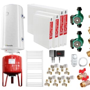 Pachet Cazan (centrala) cu plita pe combustibil solid (lemn, carbune, brichete), Fornello Rustic KP 20 kW, Cos inox, Calorifere otel, Pompe, Boiler, Vas expansiune, Fitinguri montaj