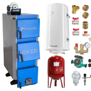 Pachet Cazan (centrala) pe combustibil solid, (lemn, carbune), Fornello Joker 24 kW, Boiler, Vas Expansiune, Pompa, Fitinguri Montaj