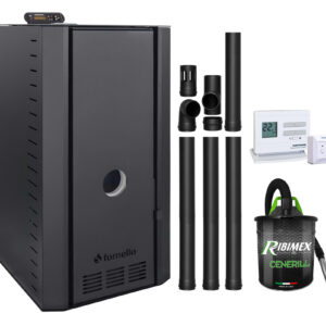 Pachet cazan pe peleti Fornello SERENA B, 25 kw, complet echipat cu pompa, vas expansiune, supapa siguranta, telecomanda, culoare Black, arzator fonta, termostat, aspirator, kit evacuare 3.5 ml, pana la 150 mp