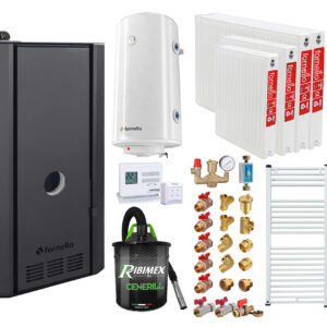 Pachet cazan pe peleti Fornello SERENA B, 25 kw, complet echipat cu pompa, vas expansiune, supapa siguranta, telecomanda, arzator fonta, radiatoare otel, boiler, termostat, aspirator, fitinguri, kit evacuare 3.5 ml, pana la 150 mp