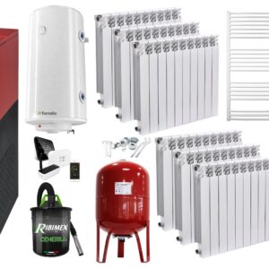 Pachet Centrala mixta Lemn/Pelet Fornello Tera 28 kW, calorifere aluminiu, boiler, termostat, aspirator, pompa, vas expansiune, fitinguri, aprindere automanta la peleti, buncar peleti 95 kg, creuzet fonta, curatarea facila, pentru 180 mp