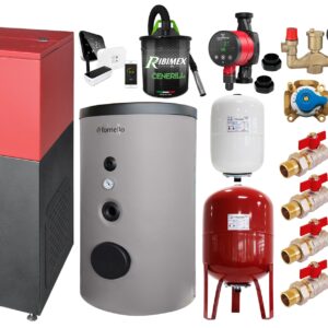 Pachet Centrala mixta Lemn/Pelet Fornello Tera 28 kW, boiler de sol, cos inox, termostat, aspirator, pompa, vas expansiune, fitinguri, aprindere automanta la peleti, buncar peleti 95 kg, creuzet fonta, curatarea facila, pentru 180 mp