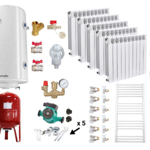 Pachet Centrala pe combustibil solid Fiama D2-25 Putere 29 kW, cu Ventilator si Automatizare, Puffer 800 litri, Calorifere aluminiu Fornello Alvo, Boiler Termoelectric, Pompa, Vas Expansiune si Fitinguri