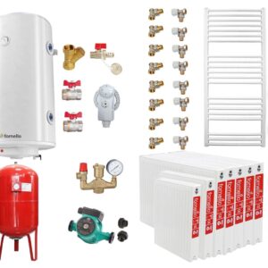 Pachet Centrala pe combustibil solid Fiama D2-60 Putere 70 kW, cu Ventilator si Automatizare, Puffer 1000 litri, Radiatoare Otel, Boiler Termoelectric, Pompa, Vas Expansiune si Fitinguri