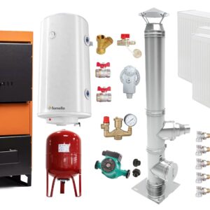 Pachet Centrala pe combustibil solid Fiama W 25 kW, Cos inox, Radiatoare Otel, Boiler Termoelectric, Vas Expansune, Pompa si Fitinguri Montaj