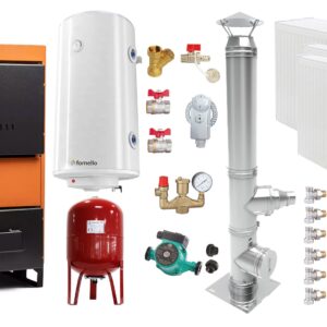 Pachet Centrala pe combustibil solid Fiama W 35 kW, Cos inox, Radiatoare Otel, Boiler Termoelectric, Vas Expansune, Pompa si Fitinguri Montaj