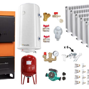 Pachet Centrala pe combustibil solid Fiama W 35 kW, Calorifere aluminiu Fornello Alvo, Boiler Termoelectric, Vas Expansune, Pompa si Fitinguri Montaj
