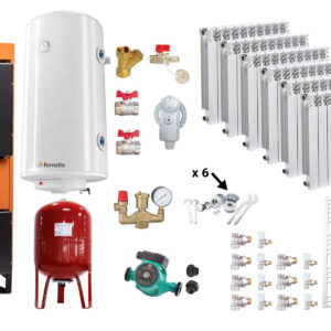 Pachet Centrala pe combustibil solid Fiama W 35 kW, Cos inox, Calorifere aluminiu Fornello Alvo, Boiler Termoelectric, Vas Expansune, Pompa si Fitinguri Montaj