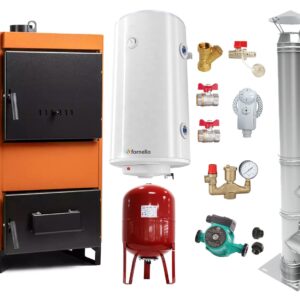 Pachet Centrala pe combustibil solid Fiama W 45 kW, Cos inox, Boiler Termoelectric, Vas Expansune, Pompa si Fitinguri Montaj