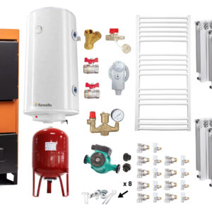 Pachet Centrala pe combustibil solid Fiama W 45 kW, Calorifere aluminiu Fornello Alvo, Boiler Termoelectric, Vas Expansune, Pompa si Fitinguri Montaj