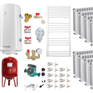 Pachet Centrala pe combustibil solid Fiama W 45 kW, Cos inox, Calorifere aluminiu Fornello Alvo, Boiler Termoelectric, Vas Expansune, Pompa si Fitinguri Montaj