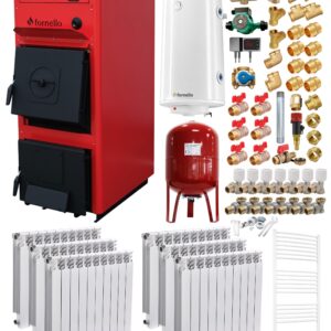 Pachet centrala pe combustibil solid Fornello T-PRO 25 kW, calorifere aluminiu, boiler, vas expansiune, fitinguri si accesorii de baza