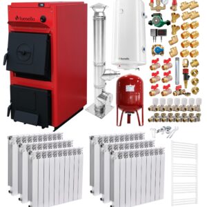Pachet centrala pe combustibil solid Fornello T-PRO 35 kW, cos Inox, calorifere aluminiu, boiler, vas expansiune, fitinguri si accesorii de baza