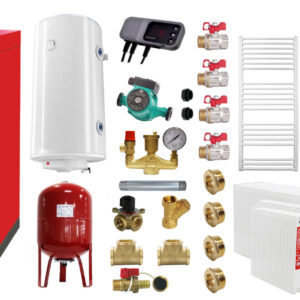 Pachet Centrala pe combustibil solid ​Sunsystem Burnit NWB 35 kW, cos inox, calorifere, boiler termoelectric, vas expansiune, pompa circulare, controller pompa, fitinguri montaj