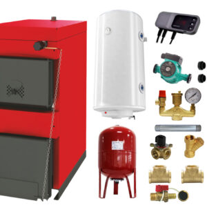 Pachet Centrala pe combustibil solid ​Sunsystem Burnit NWB 45 kW, boiler termoelectric, vas expansiune, pompa circulare, controller pompa, fitinguri montaj