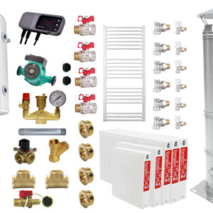 Pachet Centrala pe combustibil solid ​Sunsystem Burnit NWB 45 kW, puffer, cos inox, calorifere, boiler termoelectric, vas expansiune, pompa circulare, controller pompa, fitinguri montaj