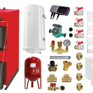 Pachet Centrala pe combustibil solid ​Sunsystem Burnit NWB 25 kW, calorifere, boiler termoelectric, vas expansiune, pompa circulare, controller pompa, fitinguri montaj