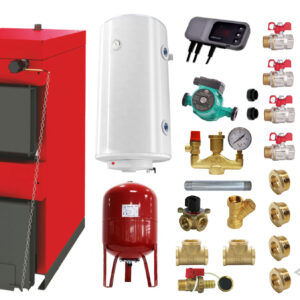 Pachet Centrala pe combustibil solid ​Sunsystem Burnit NWB 25 kW, cos inox, boiler termoelectric, vas expansiune, pompa circulare, controller pompa, fitinguri montaj