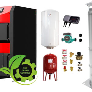 Pachet Centrala pe combustibil solid ​Sunsystem Burnit NWB PRIME 40 kW, cos inox, boiler termoelectric, vas expansiune, pompa circulare, controller pompa, fitinguri montaj