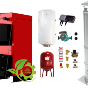 Pachet Centrala pe combustibil solid Sunsystem Burnit NWB MAX 55 kW, cos inox, boiler termoelectric, vas expansiune, pompa circulare, controller pompa, fitinguri montaj