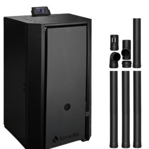 Pachet Centrala pe peleti Fornello EVA B Black 25 KW, pompa circulatie, vas expansiune, Grup siguranta, WI-FI, buncar, tiraj fortat, kit evacuare 3.5 ml, Clasa A++, recomandat pentru 160 mp, Negru