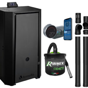 Pachet Centrala pe peleti Fornello EVA B Black 30 KW, pompa circulatie, vas expansiune, Grup siguranta, WI-FI, buncar, tiraj fortat, kit evacuare, termostat Salus IT800, aspirator, Clasa A++, recomandat pentru 200 mp, Negru