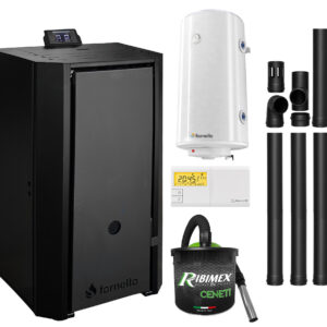 Pachet Centrala pe peleti Fornello EVA B Black 30 KW, pompa circulatie, vas expansiune, Grup siguranta, WI-FI, buncar, tiraj fortat, kit evacuare, termostat Salus 091FLRFV2, aspirator, boiler 100L, Clasa A++, recomandat pentru 200 mp, Negru
