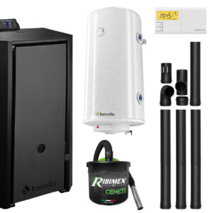 Pachet Centrala pe peleti Fornello EVA B Black 30 KW, pompa circulatie, vas expansiune, WI-FI, buncar, tiraj fortat, kit evacuare 3.5 ml, termostat, aspirator, boiler 100L si Fitinguri montaj