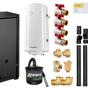 Pachet Centrala pe peleti Fornello EVA B Black 30 KW, pompa circulatie, vas expansiune, WI-FI, buncar, tiraj fortat, kit evacuare 3.5 ml, termostat, aspirator, boiler 100L si Fitinguri montaj centrala/boiler
