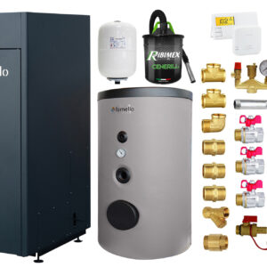 Pachet Centrala pe peleti Fornello King Plus 25 KW, boiler de sol, termostat, aspirator, kit evacuare, fitinguri, pompa de circulatie, vas de expansiune, supapa de siguranta, automatizare, rezervor pentru peleti 100 kg, creuzet din fonta, tiraj forta