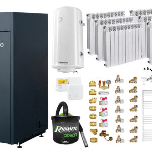 Pachet Centrala pe peleti Fornello King Plus 25 KW, calorifere aluminiu, boiler, termostat, aspirator, kit evacuare, fitinguri, pompa de circulatie, vas de expansiune, supapa de siguranta, automatizare, rezervor pentru peleti 100 kg, creuzet din font