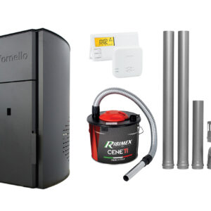 Pachet Centrala pe peleti Fornello Royal Black 25 kW, complet echipata cu pompa, vas expansiune, automatizare, culoare negru, kit evacuare 2.5 ml, Termostat Radio Comanda Salus 091FLRFV2 si Aspirator Cenusa